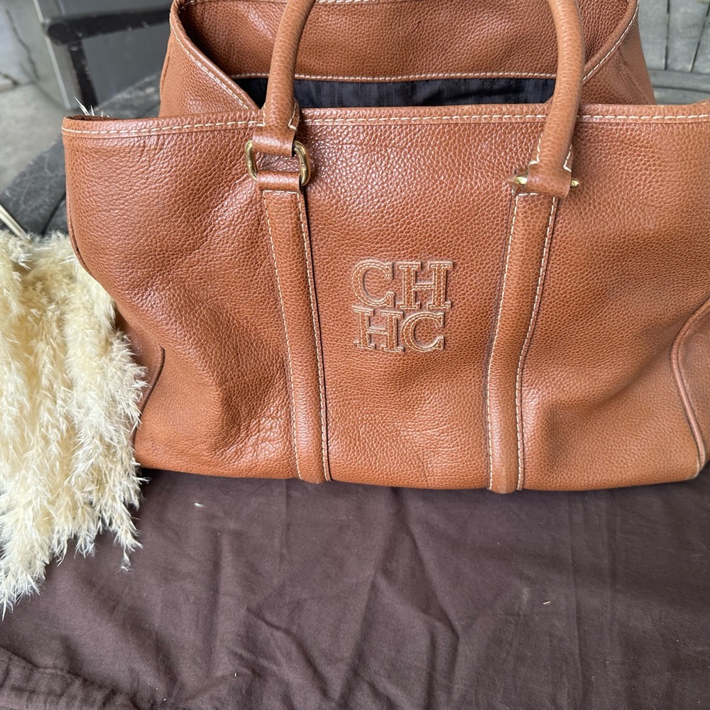 Carolina Herrera Brown Leather Tote with Embossed Logo